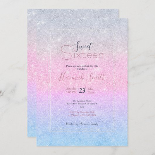 Elegantes Blau Rosa Silver Glitzer Design Einladung (Vorne/Hinten)