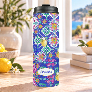 Elegantes Blau Rosa Sizilianisches Zitrus Collage Thermosbecher