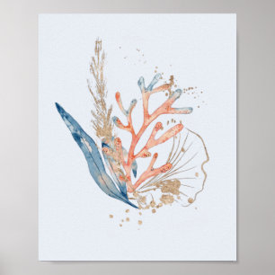 Elegantes Blau Rosa und Gold Korallen Meer Thema O Poster
