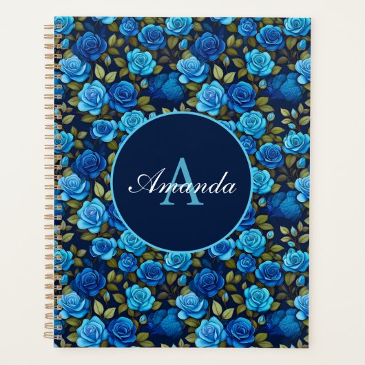 Elegantes Blau-Rose Blumenmuster Monogrammatisches Planer (Vorderseite)