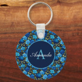 Elegantes Blau-Rose Blumenmuster Monogrammatisches Schlüsselanhänger (Vorderseite)