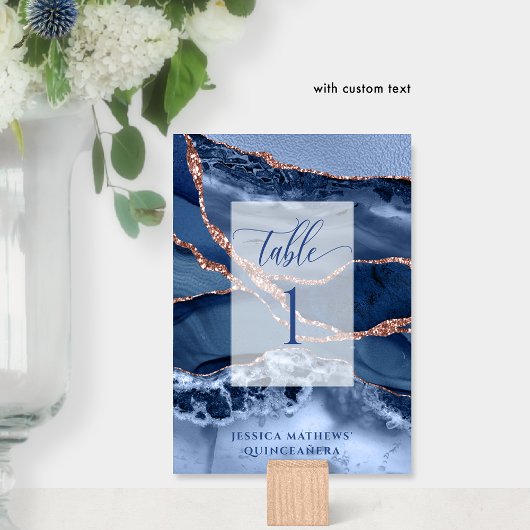 Elegantes Blau, Rose Gold Agate und Blue Foil Tischnummer