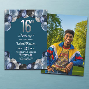 Elegantes Blau Silber Glitter 16. Geburtstagsfoto Einladung