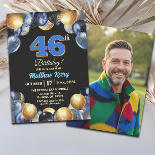 Elegantes Blau Silber Gold 46. Geburtstagsfoto Einladung