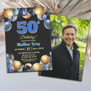 Elegantes Blau Silber Gold 50. Geburtstagsfoto Einladung