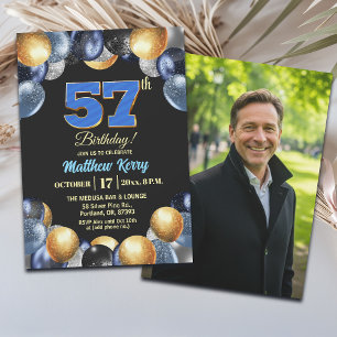 Elegantes Blau Silber Gold 57. Geburtstagsfoto Einladung