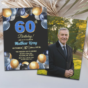 Elegantes Blau Silber Gold 60. Geburtstagsfoto Einladung
