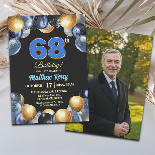 Elegantes Blau Silber Gold 68. Geburtstagsfoto Einladung