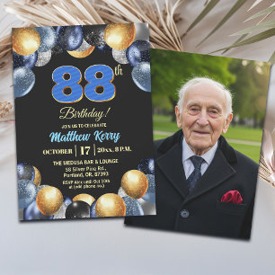 Elegantes Blau Silber Gold 88. Geburtstagsfoto Einladung