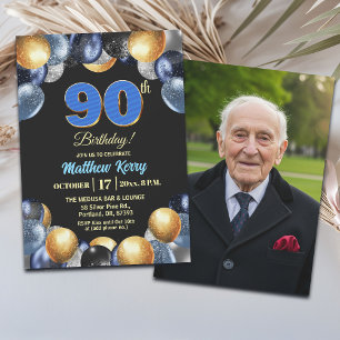 Elegantes Blau Silber Gold 90. Geburtstagsfoto Einladung