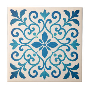 Elegantes Blau & Türkis Mediterranes Floral V2 Fliese