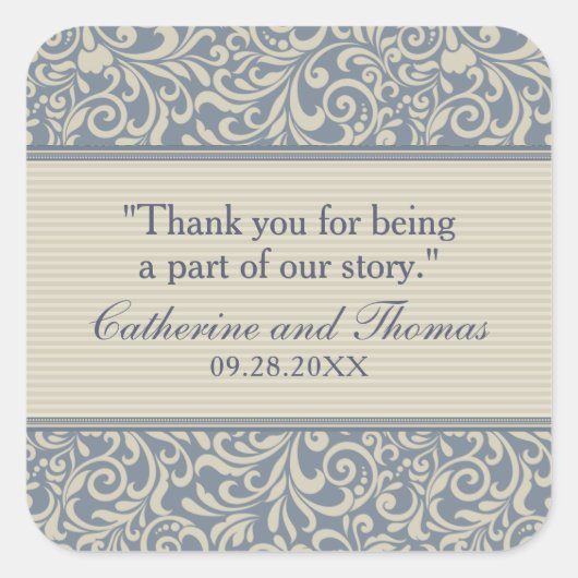 Elegantes Blau und Beige Muster Hochzeit Quadratischer Aufkleber (Vorderseite)