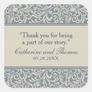 Elegantes Blau und Beige Muster Hochzeit Quadratischer Aufkleber