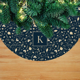 Elegantes Blau- und Beige-Weihnachtselement-Monogr Fleece Weihnachtsbaumdecke