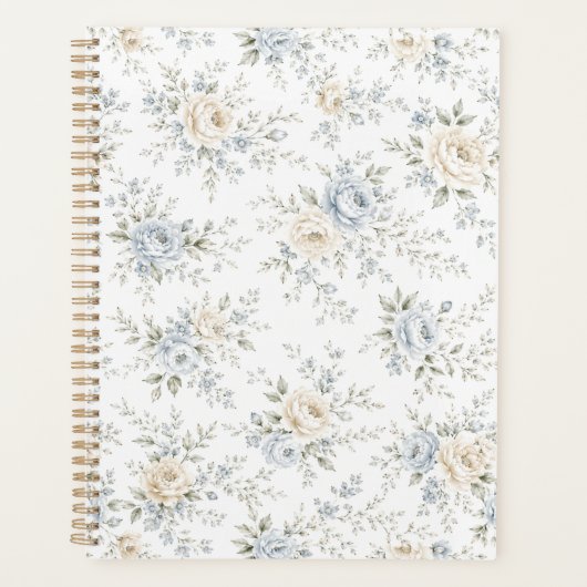 Elegantes Blau- und Elfenbein-Blumenmuster Planer (Vorderseite)