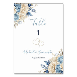 Elegantes Blau- und Elfenbein-Rosen-Hochzeitsschil Tischnummer