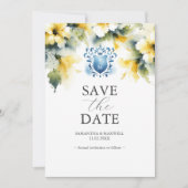 Elegantes Blau und Gelbe Blüte speichern Sie die D Save The Date (Vorderseite)
