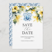 Elegantes Blau und Gelbe Blüte speichern Sie die D Save The Date (Vorne/Hinten)