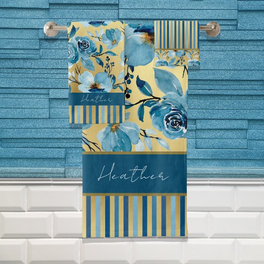 Elegantes Blau und Gold Aquarellfarben Badhandtuch Set
