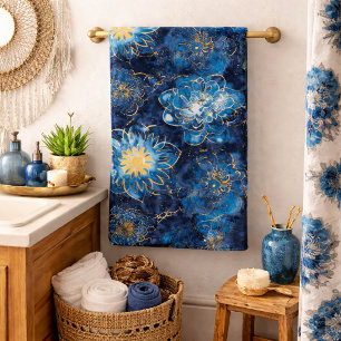 Elegantes Blau und Gold Blumenmuster - Stylische B Badhandtuch Set
