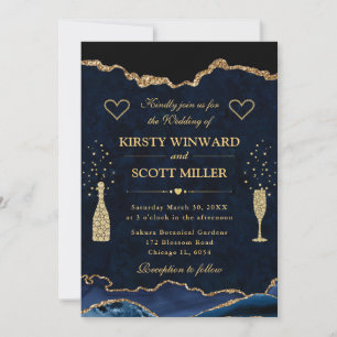 Elegantes Blau und Gold Faux Glitter Achat Hochzei Einladung