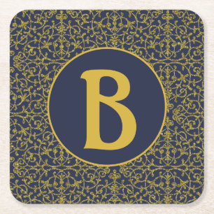 Elegantes Blau- und Gold-Filigran-Monogramm Rechteckiger Pappuntersetzer