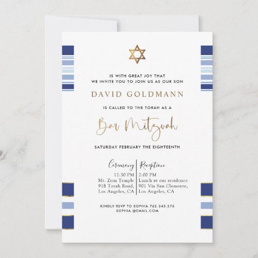 Elegantes Blau und Gold gestreift Tallit Bar Mitzv Einladung (Vorderseite)