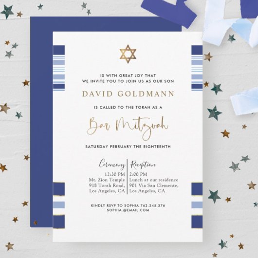 Elegantes Blau und Gold gestreift Tallit Bar Mitzv Einladung