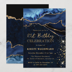 Elegantes Blau und Gold Glitter Achat Geburtstag Einladung