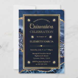Elegantes Blau und Gold Glitter Achat Quinceanera Einladung