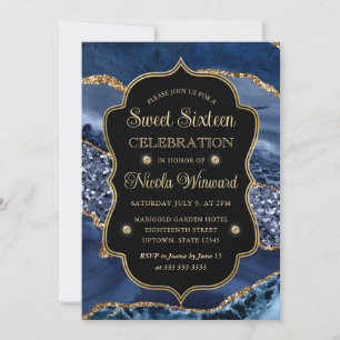 Elegantes Blau- und Gold-Glitter-Achat Sweet Sixte Einladung
