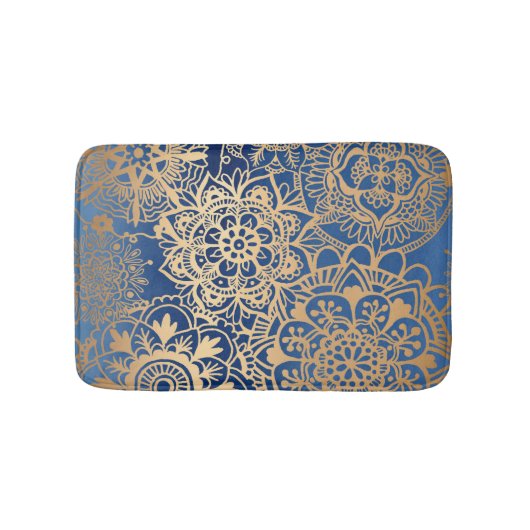 Elegantes Blau und Gold Mandala Muster Badematte (Vorderseite)