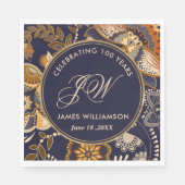 Elegantes Blau und Gold Muster 100. Geburtstag Serviette (Vorderseite)