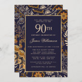 Elegantes Blau und Gold Muster 90. Geburtstag Einladung (Vorne/Hinten)