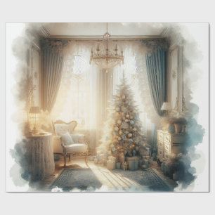 Elegantes Blau und Gold Vintage-Weihnachten  Geschenkpapier