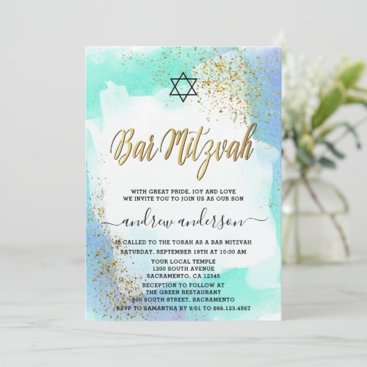 Elegantes Blau und Gold Wasserfarbe Bar Mitzvah Einladung (Stehend Vorderseite)