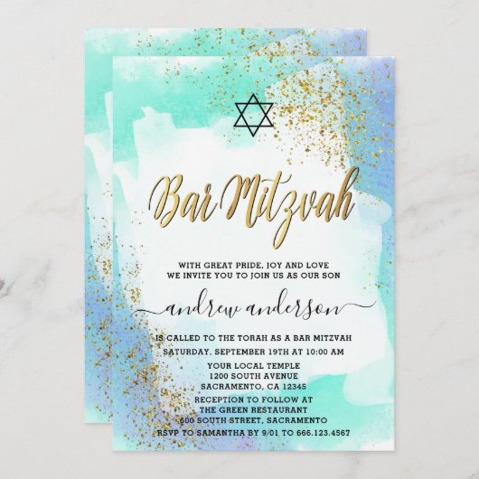Elegantes Blau und Gold Wasserfarbe Bar Mitzvah Einladung (Vorne/Hinten)