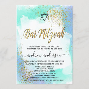 Elegantes Blau und Gold Wasserfarbe Bar Mitzvah Einladung