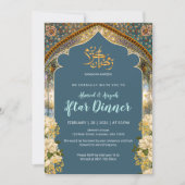 Elegantes Blau- und Goldbogen-Ramadan-Iftar-Dinner Einladung (Vorderseite)