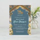 Elegantes Blau- und Goldbogen-Ramadan-Iftar-Dinner Einladung (Stehend Vorderseite)