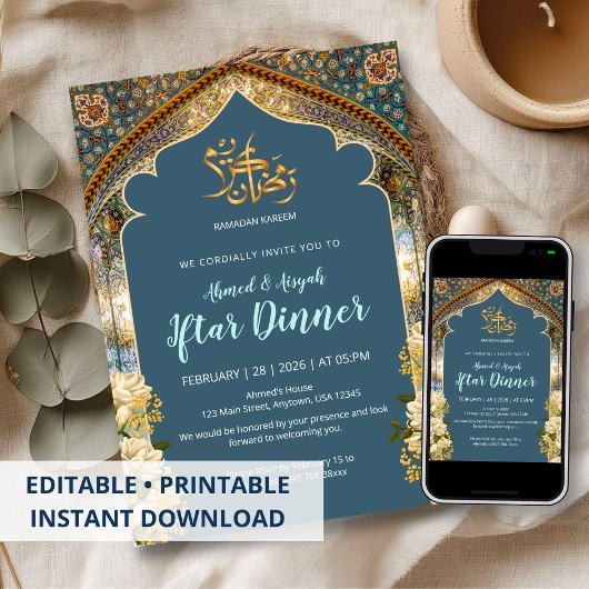 Elegantes Blau- und Goldbogen-Ramadan-Iftar-Dinner Einladung
