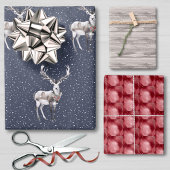 Elegantes Blau und Gray Snowy Rentier Weihnachten Geschenkpapier Set