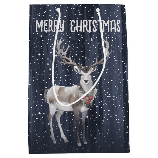 Elegantes Blau und Gray Snowy Rentier Weihnachten Mittlere Geschenktüte (Vorderseite)