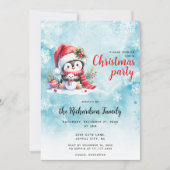 Elegantes Blau und Roter Pinguin Weihnachten Einladung (Vorderseite)