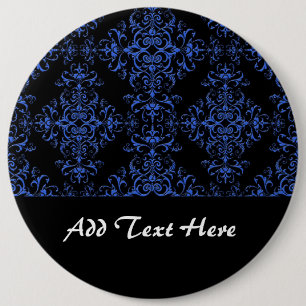 Elegantes Blau- und Schwarz-Blumen-Damask-Muster Button