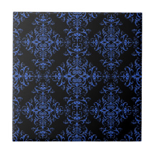Elegantes Blau- und Schwarz-Blumen-Damask-Muster Fliese