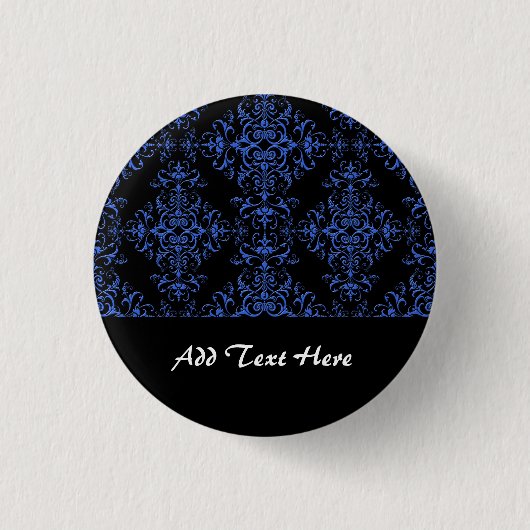 Elegantes Blau- und Schwarz-Floral Damask Style Mu Button (Vorderseite)
