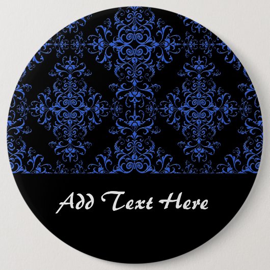Elegantes Blau- und Schwarz-Floral Damask Style Mu Button (Vorderseite)