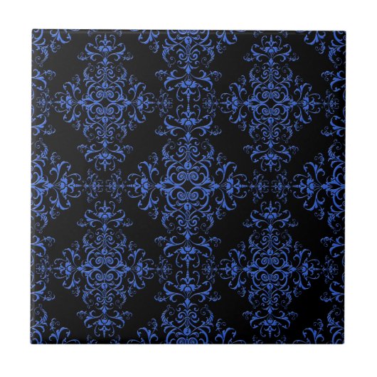 Elegantes Blau- und Schwarz-Floral Damask Style Mu Fliese (Vorderseite)