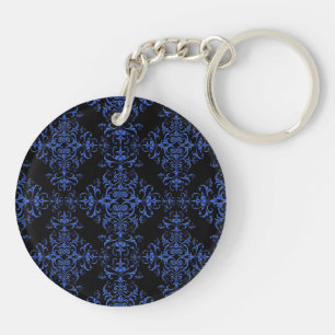Elegantes Blau- und Schwarz-Floral Damask Style Mu Schlüsselanhänger
